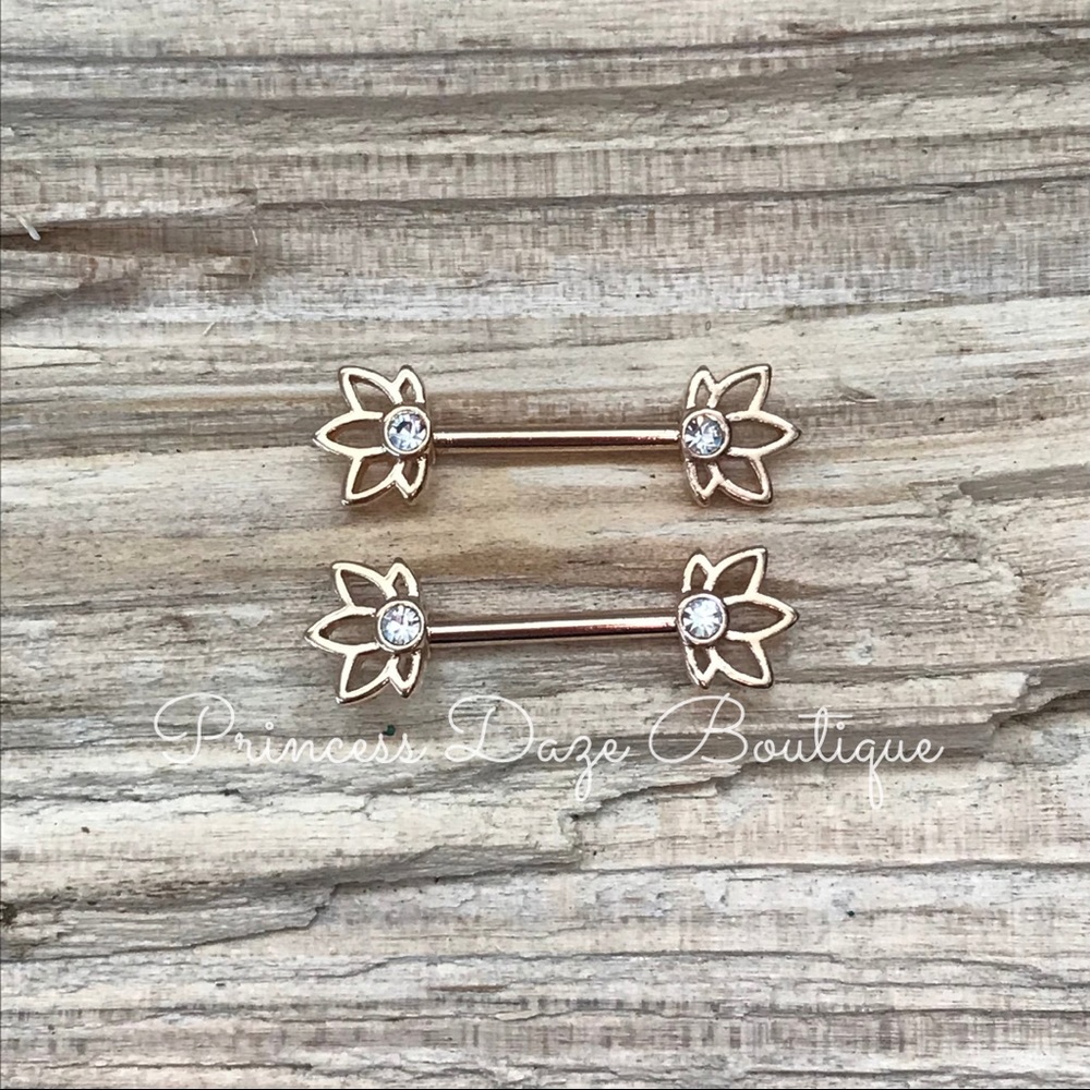 Rose Gold Diamond Lotus Flower Nipple Ring‎ Set
